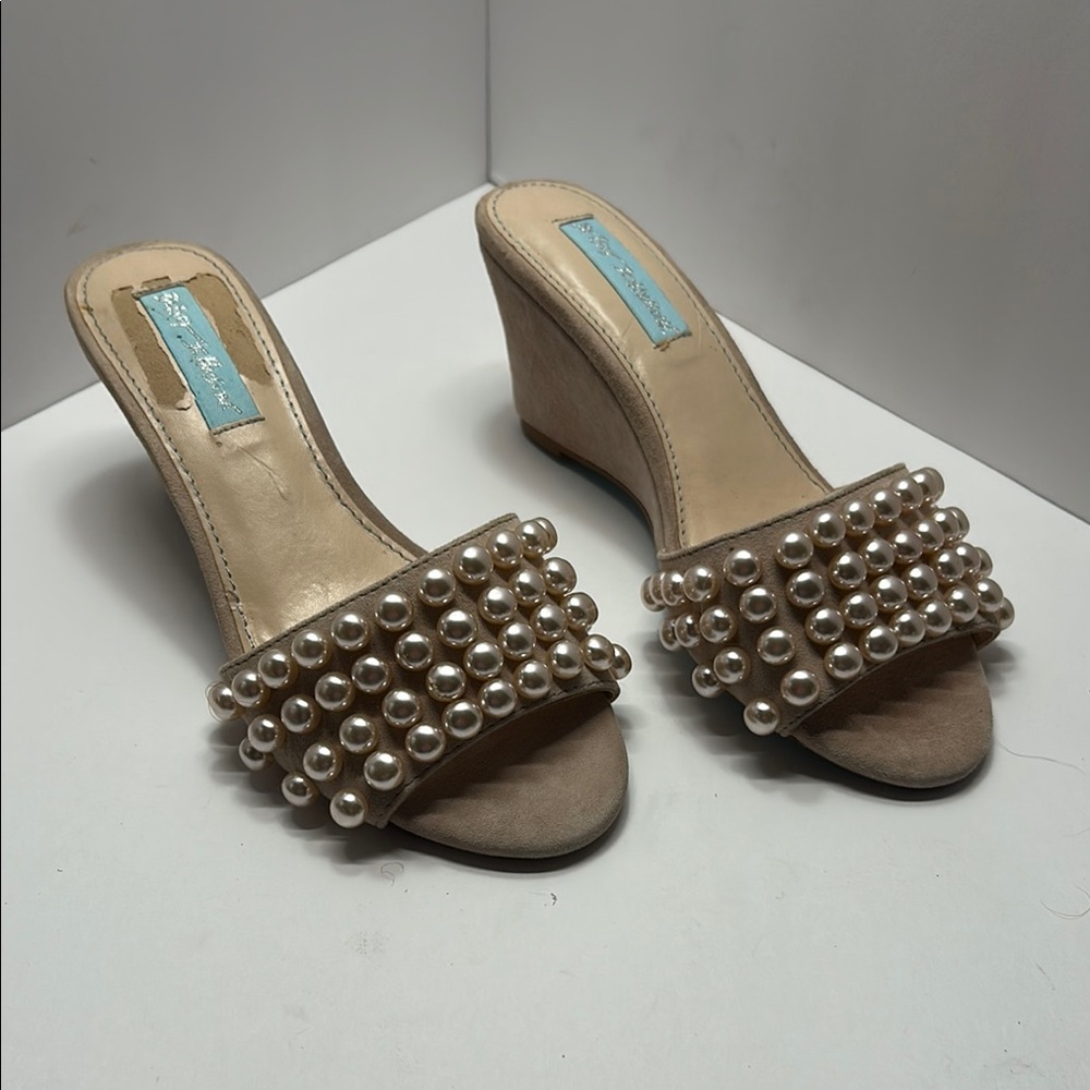 Betsey Johnson Pearl-Embellished Cream Wedges